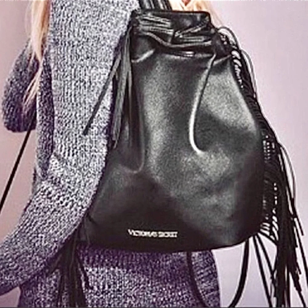 Victoria's Secret Black Faux Leather Shoulder Bucket Bag Fringe Backpack Tote